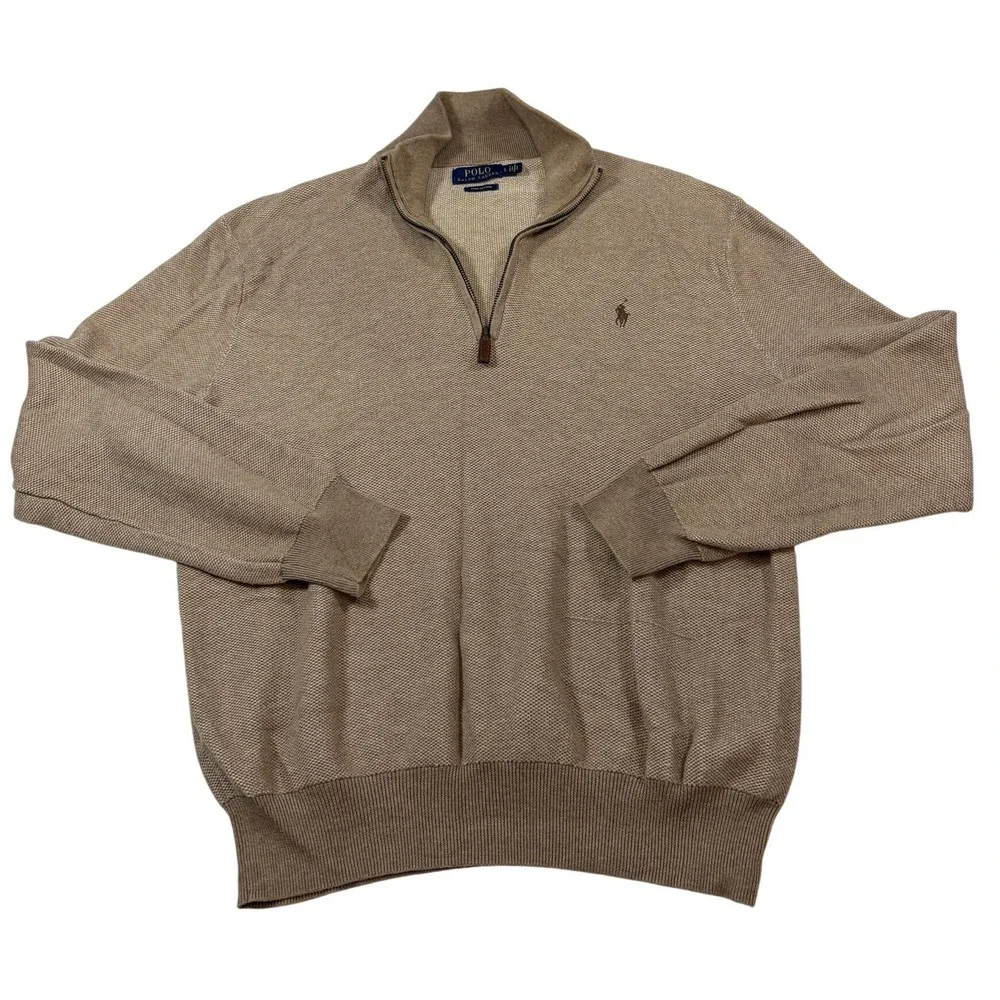 Polo Ralph Lauren Mens Large Tan Pima Cotton Textured Quarter Zip Sweater L